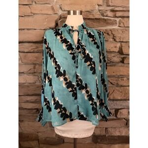 NIC+ZOE Teal Floral Long Sleeve Blouse Smocked Ruffle Neck Top XL